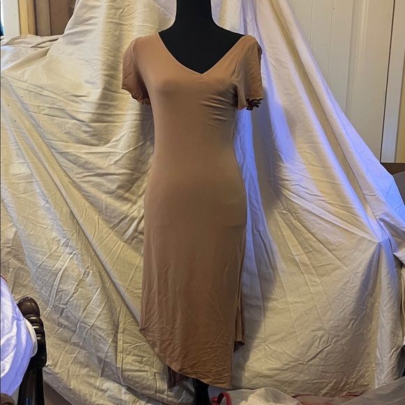 Arielle Tan bodycon V-Neck Dress asymmetrical hem - Picture 2 of 3